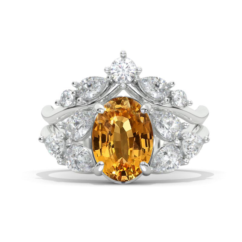 3 Carat Oval Genuine Yellow Citrine Floral Shank  White Gold Engagement Ring Set Model 1103