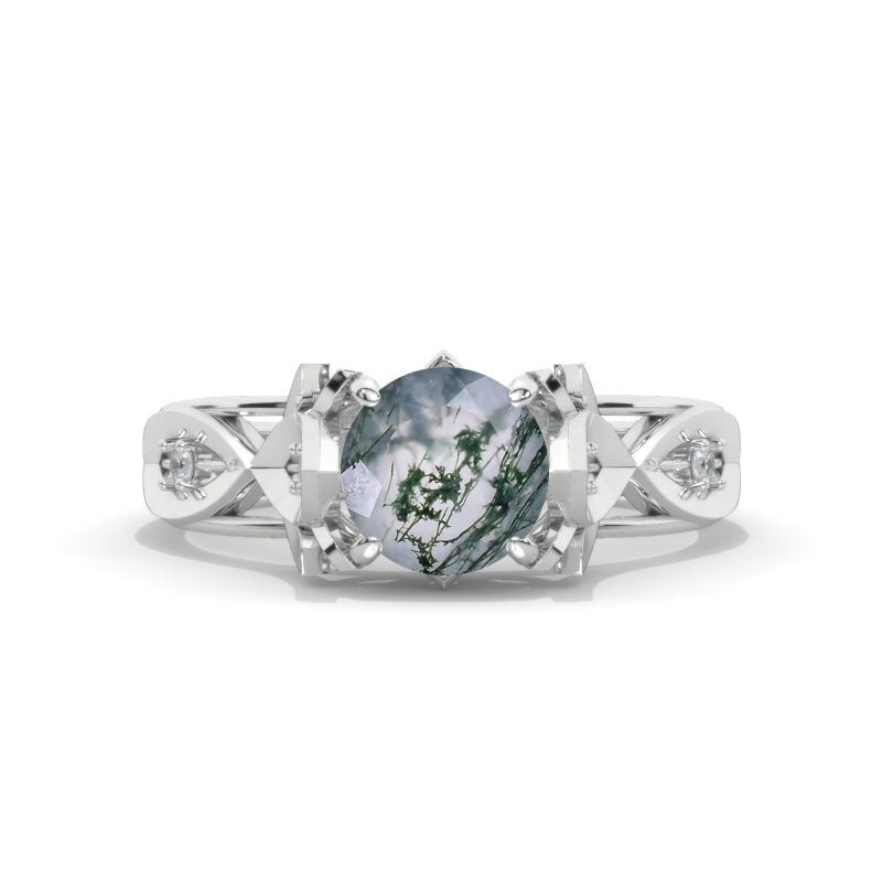 Round Celtic Genuine Moss Agate Floral Shank Gold Engagement Ring
