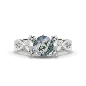 Round Celtic Genuine Moss Agate Floral Shank Gold Engagement Ring