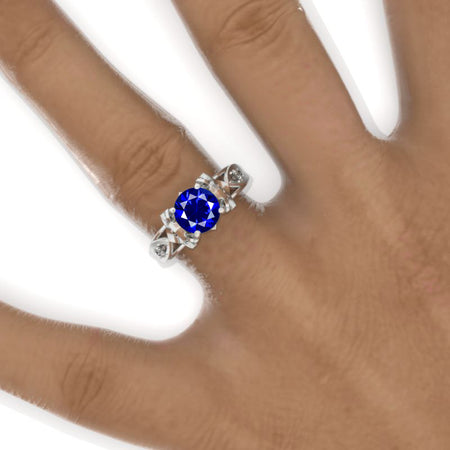 Round Celtic Royal Blue Sapphire Floral Shank Gold Engagement Ring  Model 1106