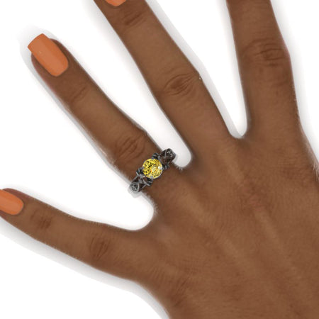 Celtic Yellow Sapphire Floral Shank Black Gold Engagement Ring Model 1106-7 mm