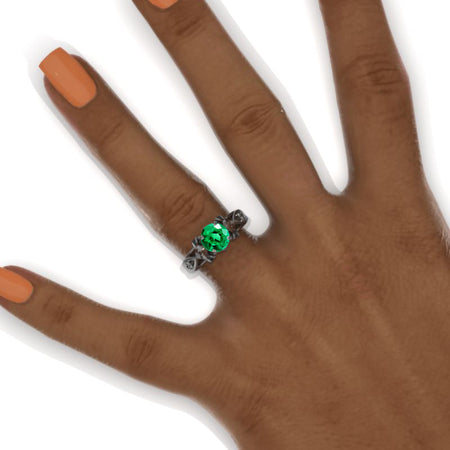 Celtic Emerald Floral Shank Black Gold Engagement Ring Model 1106-7 mm
