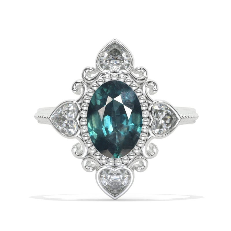 3 CT Oval Halo Teal Sapphire Vintage Wedding Ring. 14K Solid Gold Engagement Ring Anniversary Ring, Heart  Halo Ring