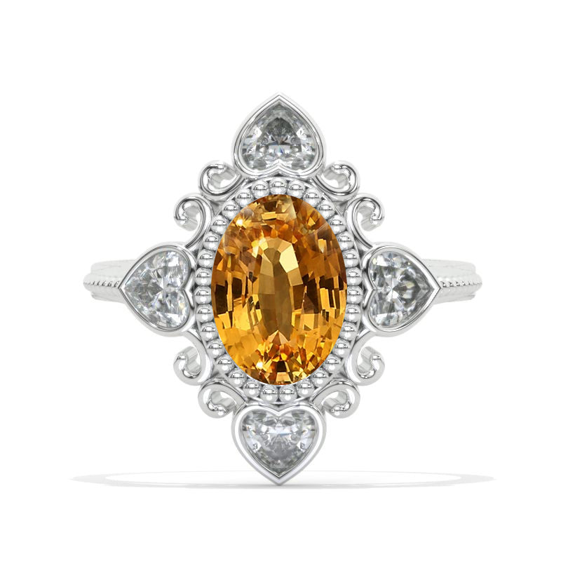 3 CT Oval Halo Genuine Yellow Citrine Vintage Wedding Ring. 14K Solid Gold Engagement Ring Anniversary Ring, Heart  Halo Ring Model 1111-10x7