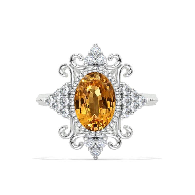 3 CT Oval Halo Genuine Yellow Citrine Vintage Wedding Ring. 14K Solid Gold Engagement Ring Anniversary Ring, Floral Halo Ring Model 1112-10x7