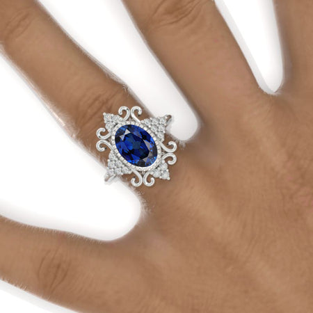 3 CT Oval Halo Royal Blue Sapphire Vintage Wedding Ring. 14K Solid Gold Engagement Ring Anniversary Ring, Floral Halo Ring Model 1112-10x7