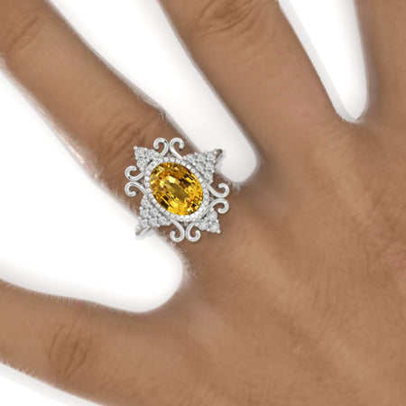 3 CT Oval Halo Yellow Sapphire Vintage Wedding Ring. 14K Solid Gold Engagement Ring Anniversary Ring, Floral Halo Ring Model 1112-10x7