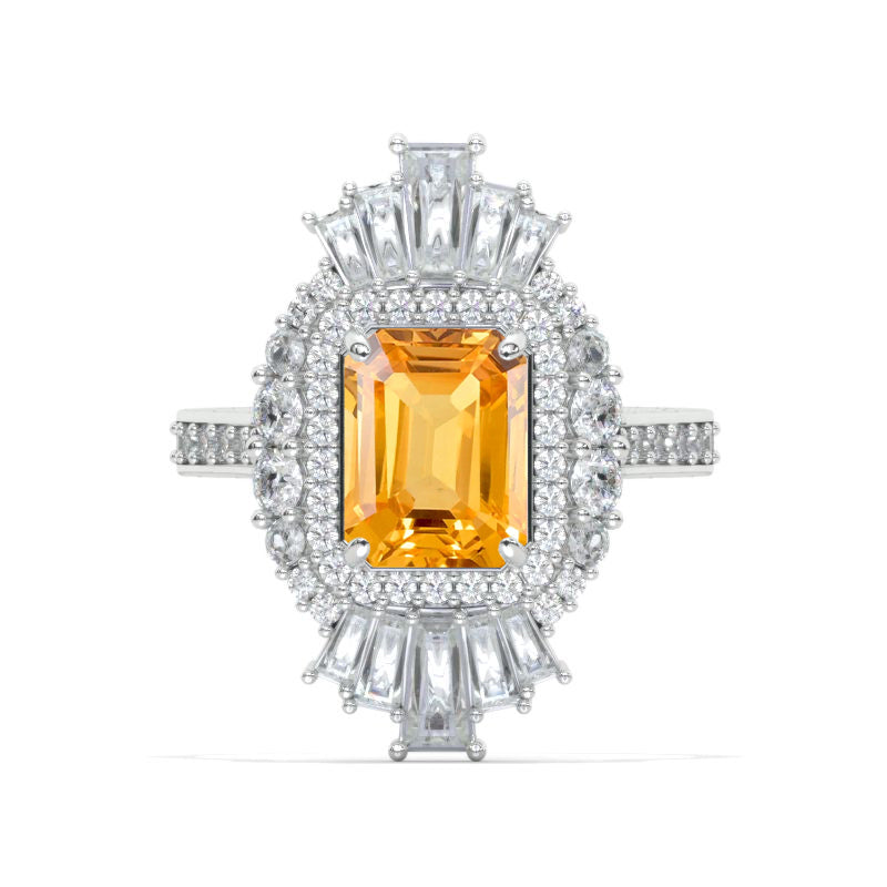 3 CT Emerald Halo Genuine Yellow Citrine Vintage Wedding Ring. 14K Solid Gold Engagement Ring Anniversary Ring, Double Halo Ring Model 1113-9x7