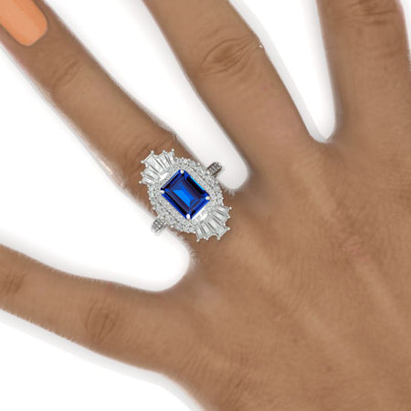 3 CT Emerald Halo Royal Blue Sapphire Vintage Wedding Ring. 14K Solid Gold Engagement Ring Anniversary Ring, Double Halo Ring Model 1113-9x7