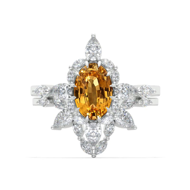 2CT Oval Halo Genuine Yellow Citrine Vintage Wedding Ring Set. 14K Solid Gold Engagement Ring Anniversary Ring, Halo Ring Set Model 1114-9x7