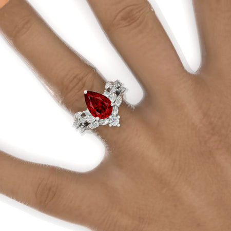 3 Carat Pear Halo Ruby Floral Engagement 14K White Gold  Ring Eternity Ring Set