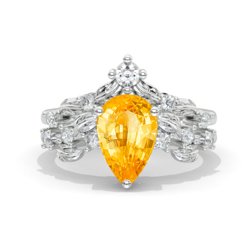 3 Carat Pear Halo Genuine Yellow Citrine Floral Engagement 14K White Gold  Ring Eternity Ring Set Model 882-11x7