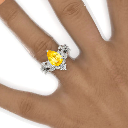 3 Carat Pear Halo Yellow Sapphire Floral Engagement 14K White Gold  Ring Eternity Ring Set Model 882-11x7