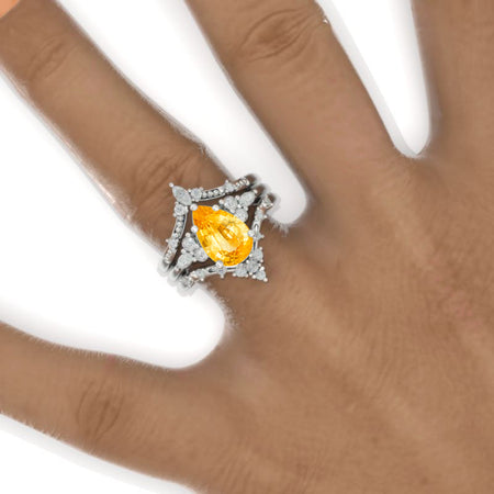 3 Carat Pear Genuine Yellow Citrine Floral Engagement 14K White Gold  Ring Eternity Ring Set Model 883-11x7