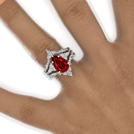 3 Carat Pear Ruby Floral Engagement 14K White Gold  Ring Eternity Ring Set
