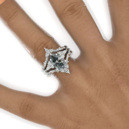 3 Carat Pear Gray Moissanite Floral Engagement 14K White Gold  Ring Eternity Ring Set