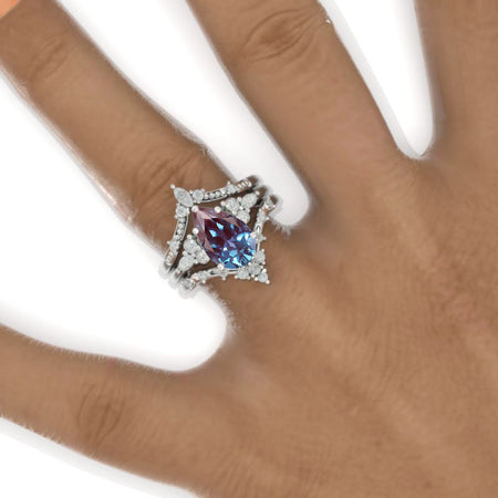 3 Carat Pear Alexandrite Floral Engagement 14K White Gold  Ring Eternity Ring Set