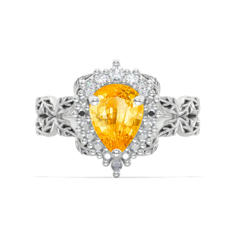 3 Carat Pear Genuine Yellow Citrine Floral Engagement 14K White Gold  Ring Eternity Ring Model 884-11x7