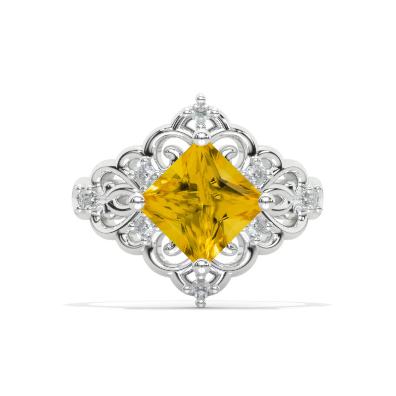 3 Carat Genuine Yellow Citrine Princess Floral Engagement 14K White Gold  Ring Model 885-8x8