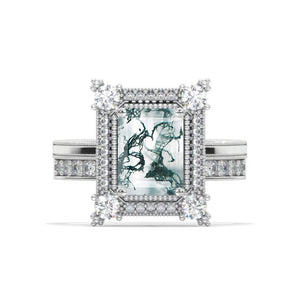 3 Carat Emerald Cut Halo Genuine Moss Agate White Gold Engagement Ring Set