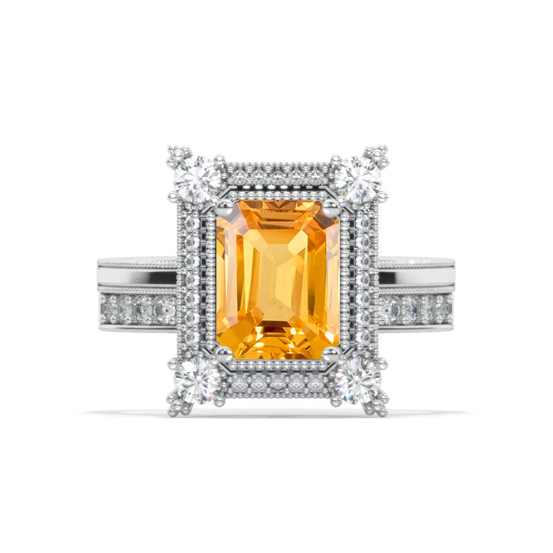 3 Carat Emerald Cut Halo Genuine Yellow Citrine White Gold Engagement Ring Set Model 1124