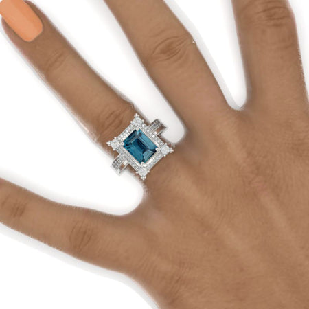 3 Carat Emerald Cut Halo Teal Sapphire White Gold Engagement Ring Set