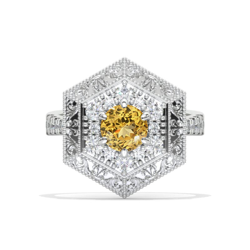 Hexagon Genuine Yellow Citrine Cluster Engagement Ring Model 1123