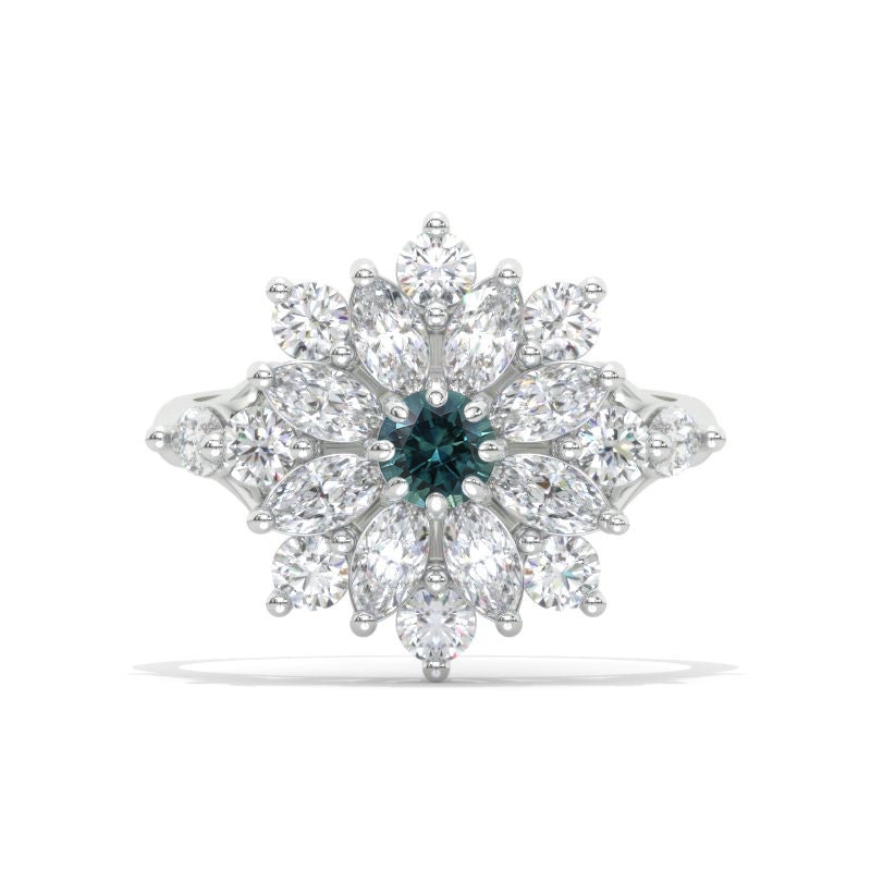 Floral Teal Sapphire Sunflower Cluster Ring,