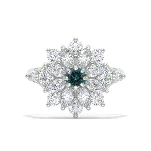 Floral Teal Sapphire Sunflower Cluster Ring,