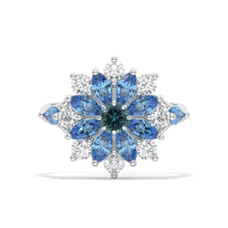 Floral Sapphire Teal Sapphire Sunflower Cluster Ring,