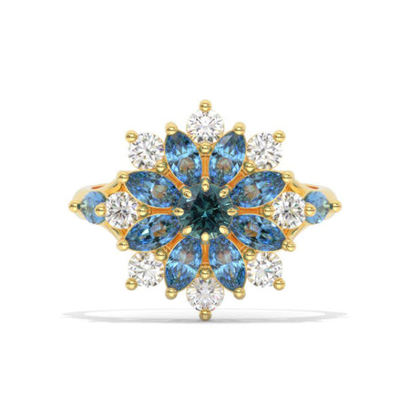 Floral Sapphire Teal Sapphire Sunflower Cluster Ring