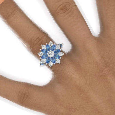 Floral  Sapphire Moissanite Sunflower Cluster Ring