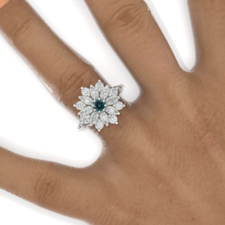 Floral Teal Sapphire Sunflower Cluster Ring