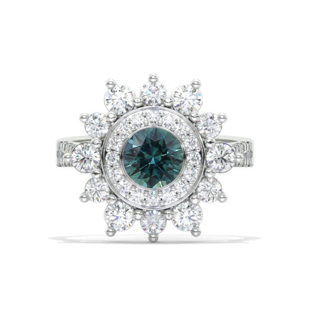 Double Halo Teal Sapphire Cluster Ring