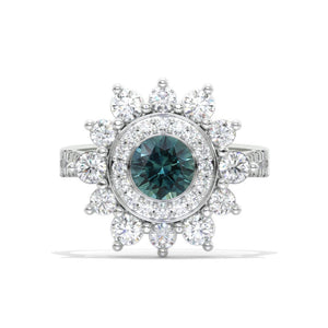 Double Halo Teal Sapphire Cluster Ring