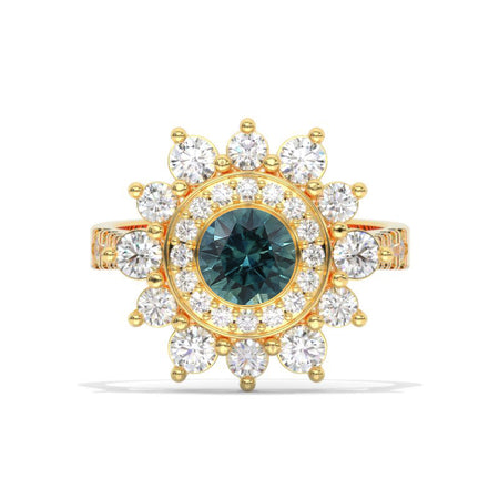 Double Halo Teal Sapphire Cluster Ring