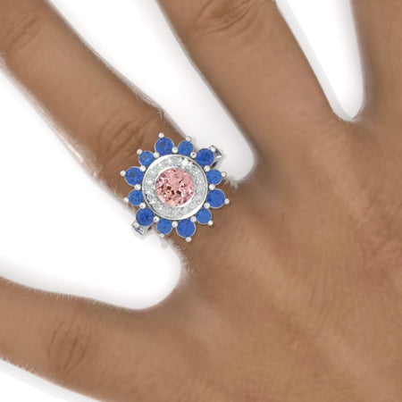 Sapphire Double Halo Peach Sapphire Cluster Ring Model 1128