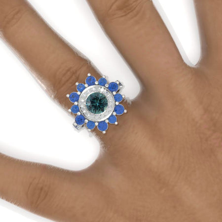 Sapphire Double Halo Teal Sapphire Cluster Ring