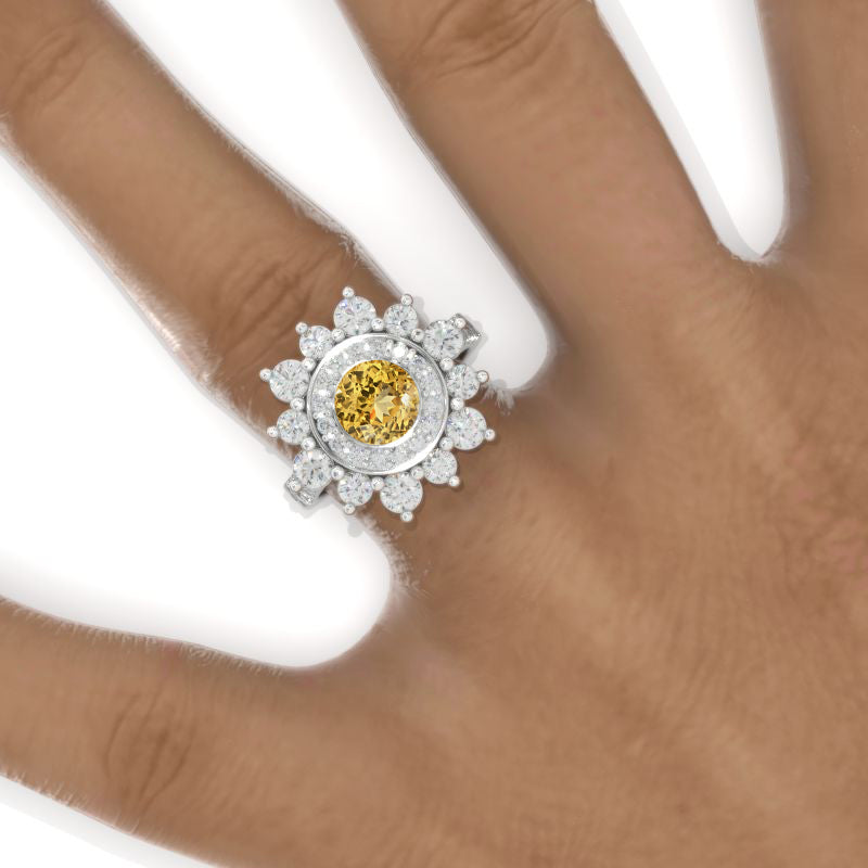 Double Halo Genuine Yellow Citrine Cluster Ring Model 1128