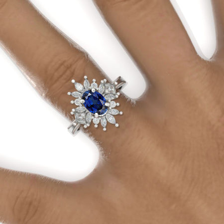 2 Carat Oval Snowflake Royal Blue Sapphire Halo Engagement Ring Model 1129-9x7