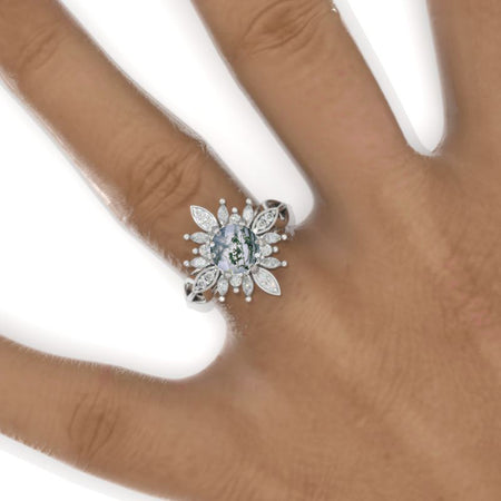 2 Carat Round Snowflake Genuine Moss Agate Halo Engagement Ring