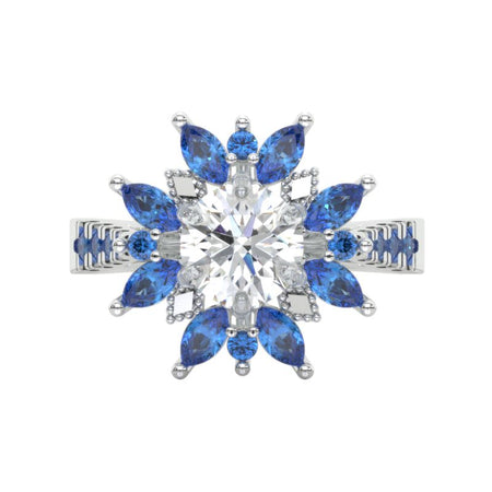 2 Carat Round Snowflake Floral SApphire Halo Engagement Ring