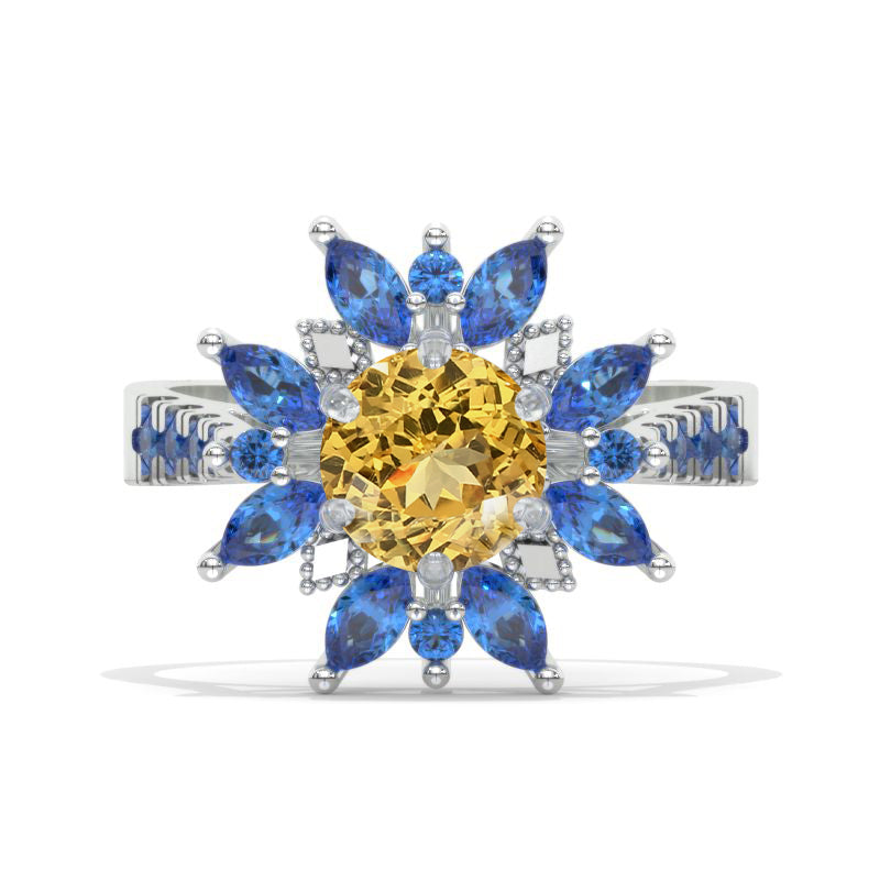 2 Carat Round Genuine Yellow Citrine Snowflake Floral Sapphire Halo Engagement Ring Model 1131