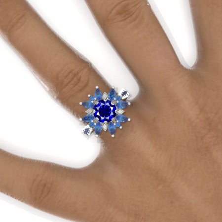 2 Carat Round Royal Blue Sapphire Snowflake Floral Sapphire Halo Engagement Ring Model 1131