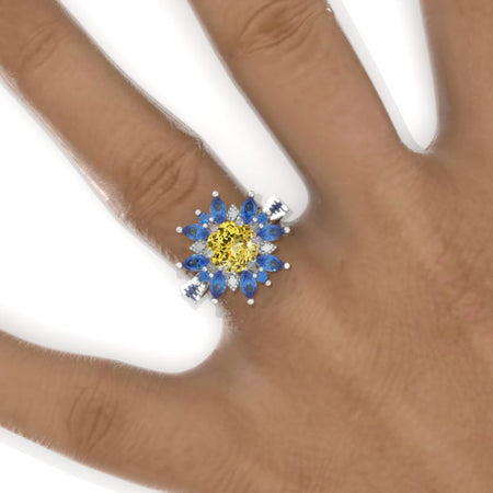 2 Carat Yellow Sapphire Round Snowflake Floral Sapphire Halo Engagement Ring Model 1131