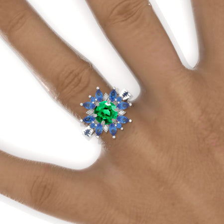 2 Carat Round Emerald Snowflake Floral Sapphire Halo Engagement Ring Model 1131