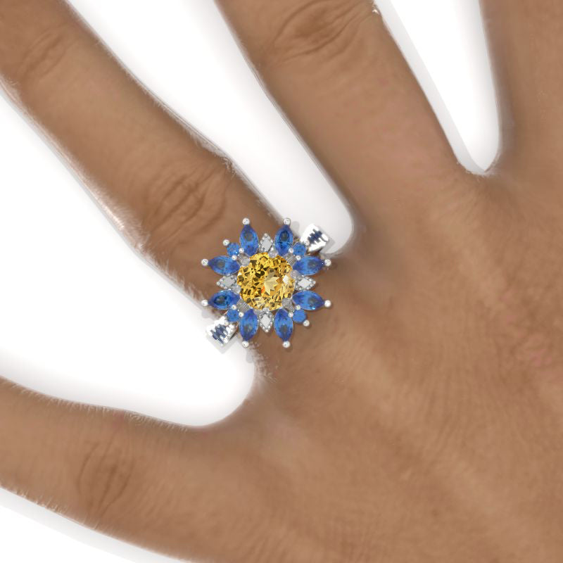 2 Carat Round Genuine Yellow Citrine Snowflake Floral Sapphire Halo Engagement Ring Model 1131