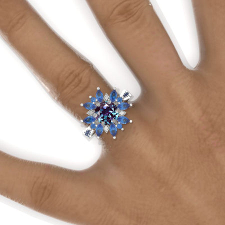2 Carat Round Alexandrite Snowflake Floral Halo Engagement Ring
