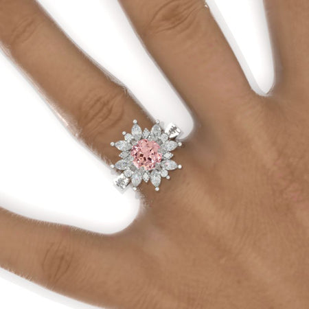 2 Carat Round Snowflake Peach Sapphire Floral Halo Engagement Ring Model 1131  