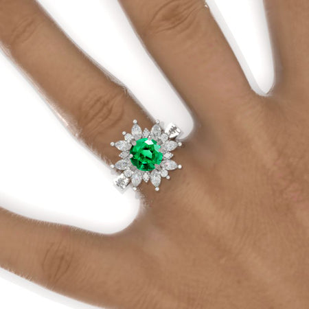 2 Carat Round Emerald Snowflake Floral Halo Engagement Ring Model 1131